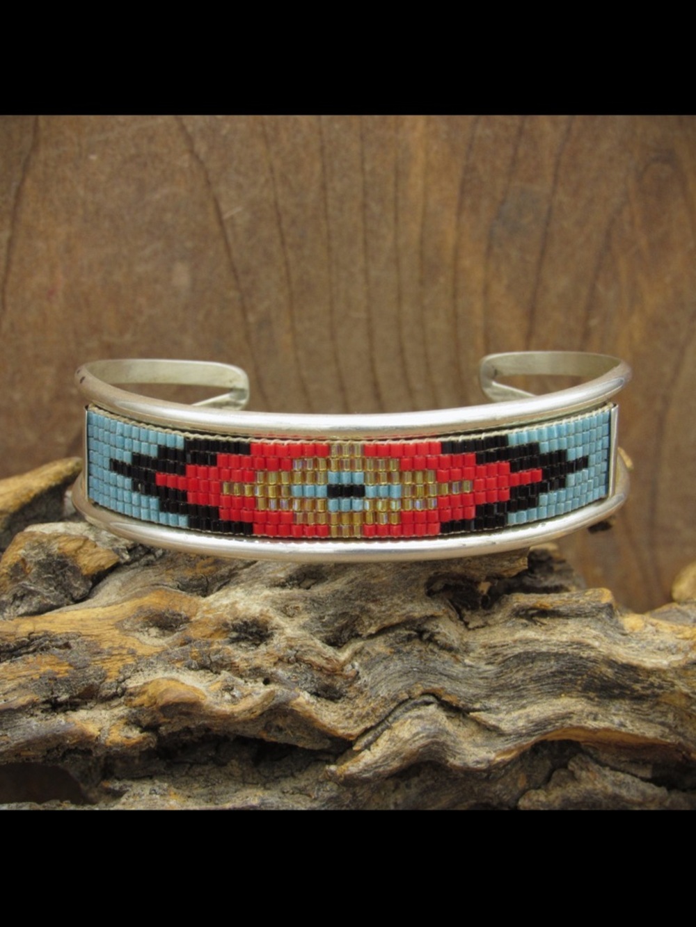 Vintage Native American Sterling Silver Seed Bead Cuff Bracelet